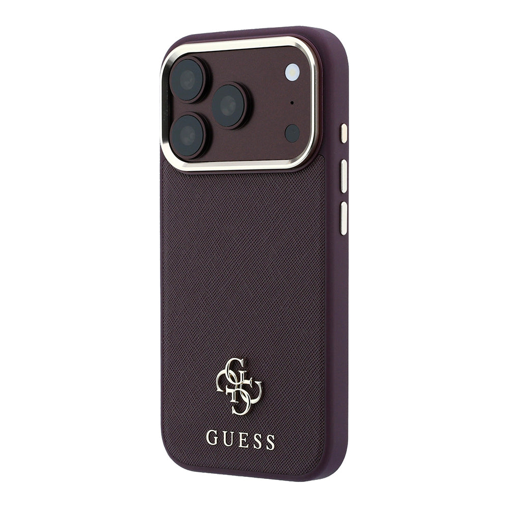 Apple iPhone 18 Pro Kılıf Guess Orjinal Lisanslı M-safe Şarj Özellikli Klasik Yazı ve 4G Logolu PU Deri Saffiano Kapak Bordo