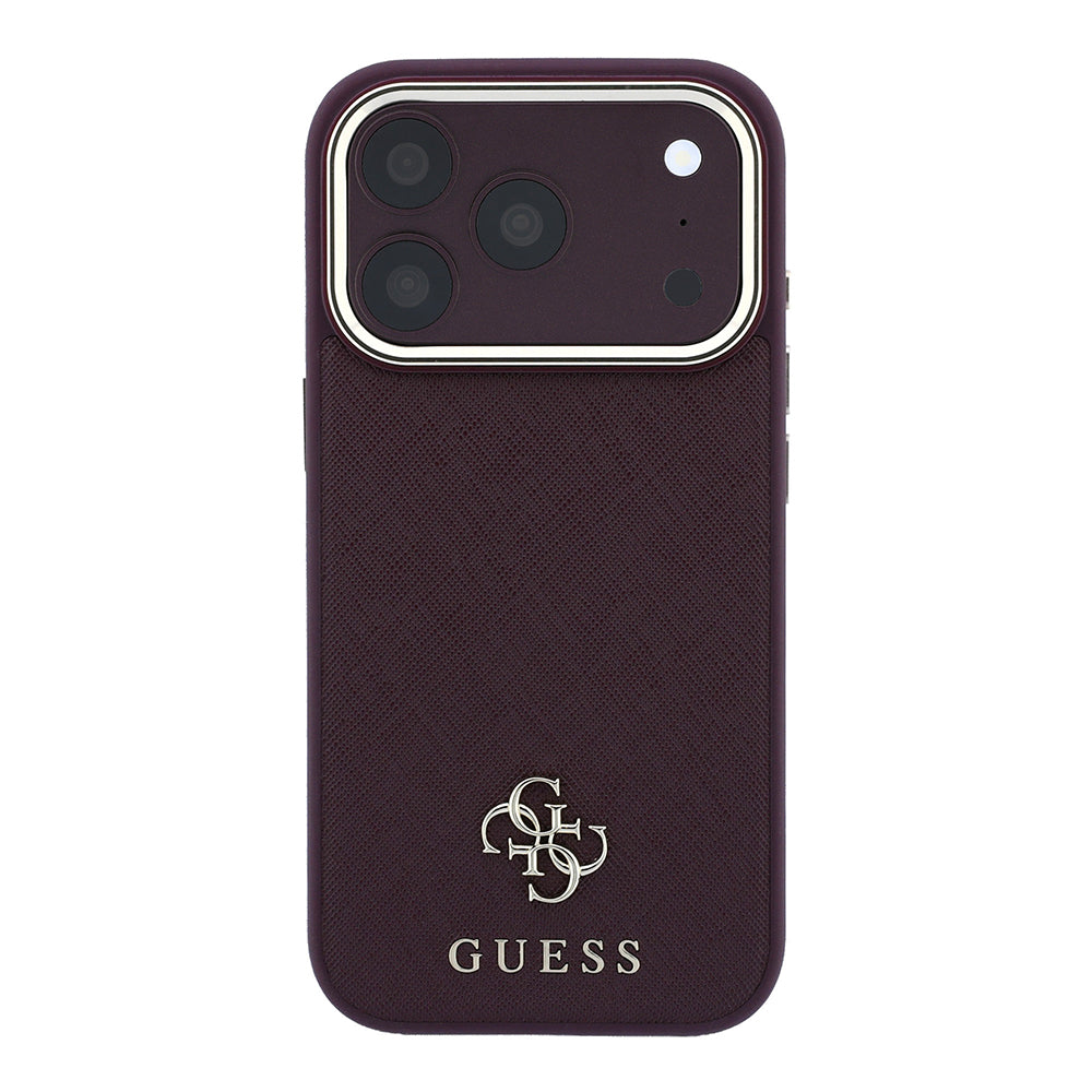 Apple iPhone 18 Pro Kılıf Guess Orjinal Lisanslı M-safe Şarj Özellikli Klasik Yazı ve 4G Logolu PU Deri Saffiano Kapak Bordo