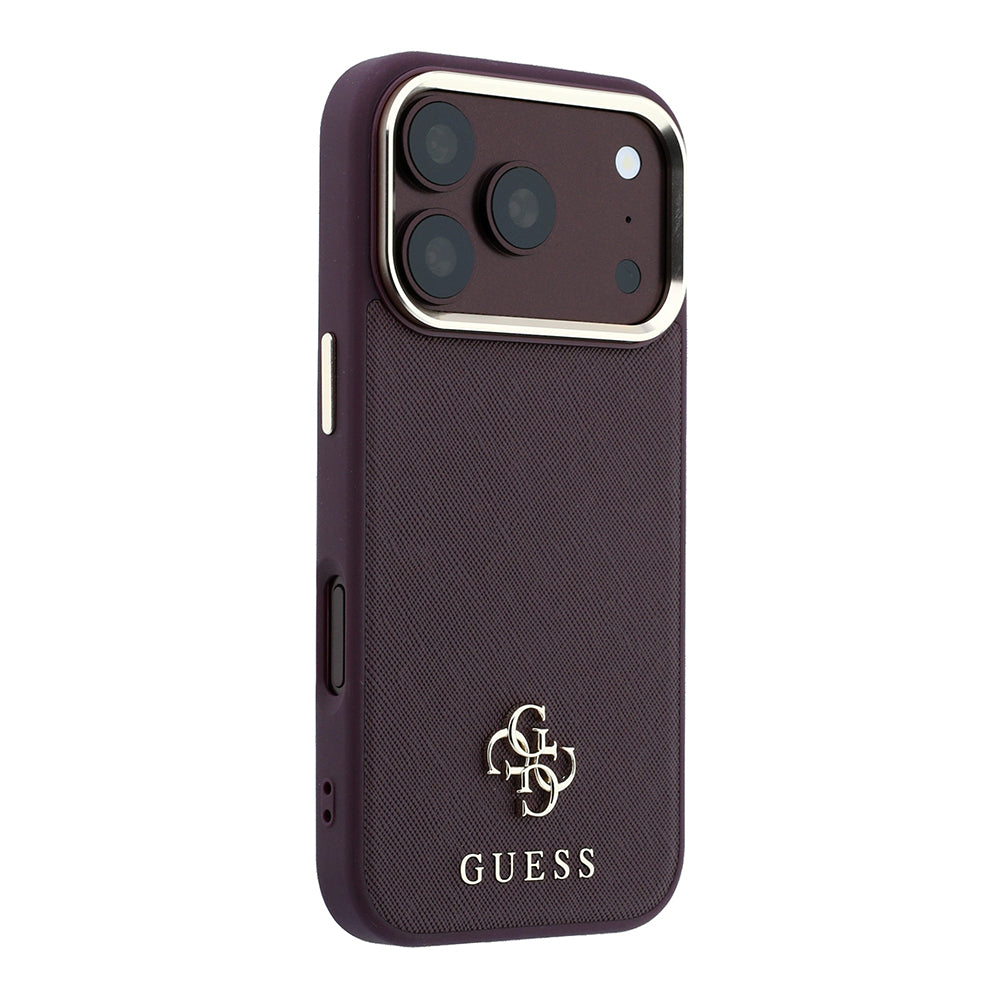 Apple iPhone 18 Pro Kılıf Guess Orjinal Lisanslı M-safe Şarj Özellikli Klasik Yazı ve 4G Logolu PU Deri Saffiano Kapak Bordo