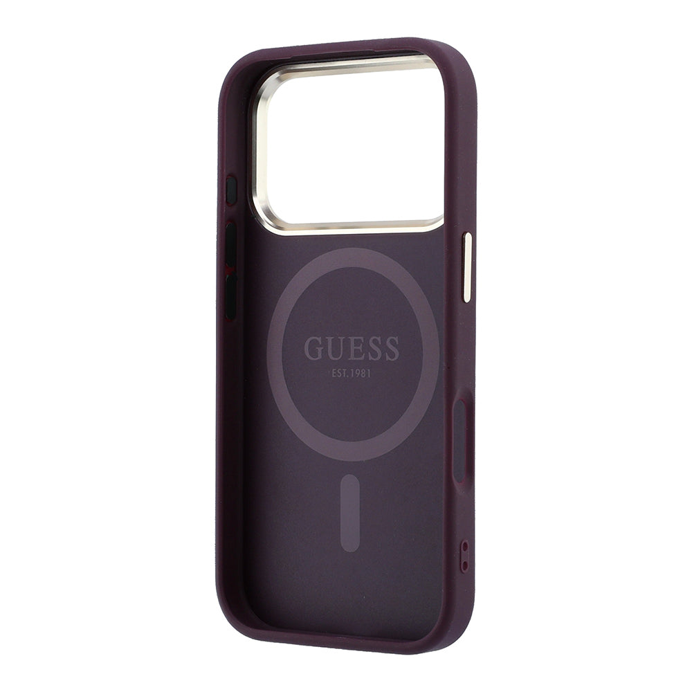 Apple iPhone 18 Pro Kılıf Guess Orjinal Lisanslı M-safe Şarj Özellikli Klasik Yazı ve 4G Logolu PU Deri Saffiano Kapak Bordo