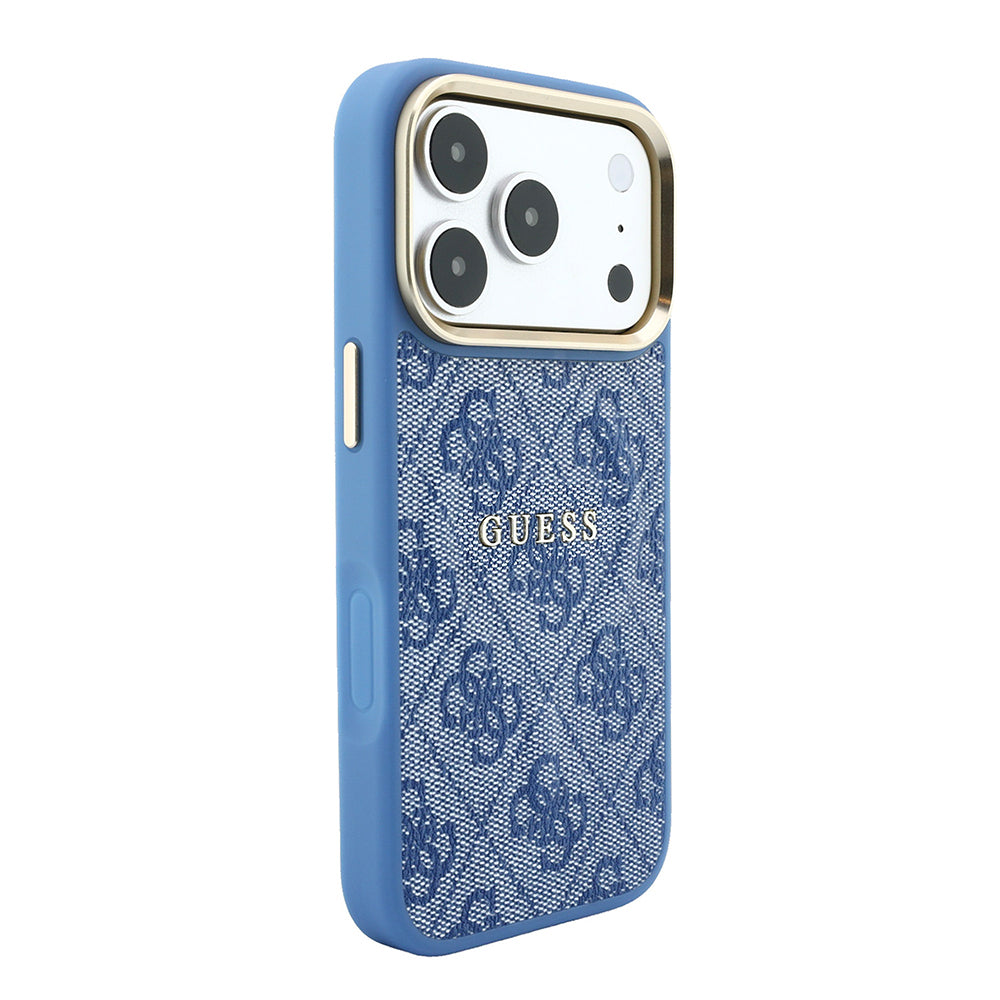 Apple iPhone 18 Pro Kılıf Guess Orjinal Lisanslı M-safe Şarj Özellikli Metal Kamera Çerçeveli C-Magnet 4G Desenli Yazı Logolu Kapak Mavi