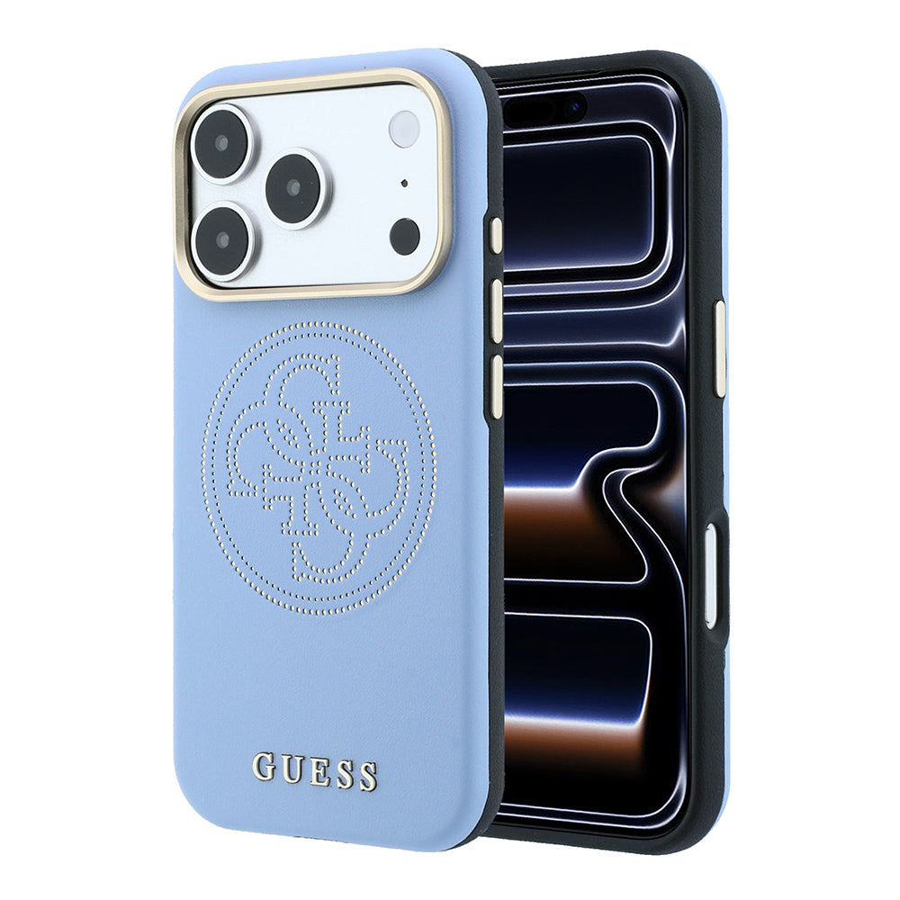 Apple iPhone 18 Pro Kılıf Guess Orjinal Lisanslı M-safe Şarj Özellikli PU Delikli 4G ve Yazı Logolu Kapak Açık Mavi