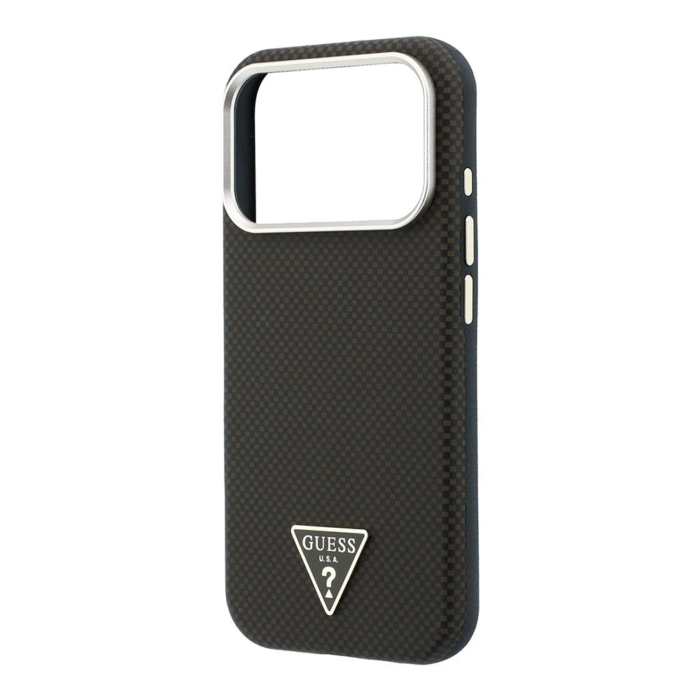Apple iPhone 18 Pro Kılıf Guess Orjinal Lisanslı M-safe Şarj Özellikli PU Metal Üçgen Logolu Karbon Fiber Kevlar Kapak Kahverengi
