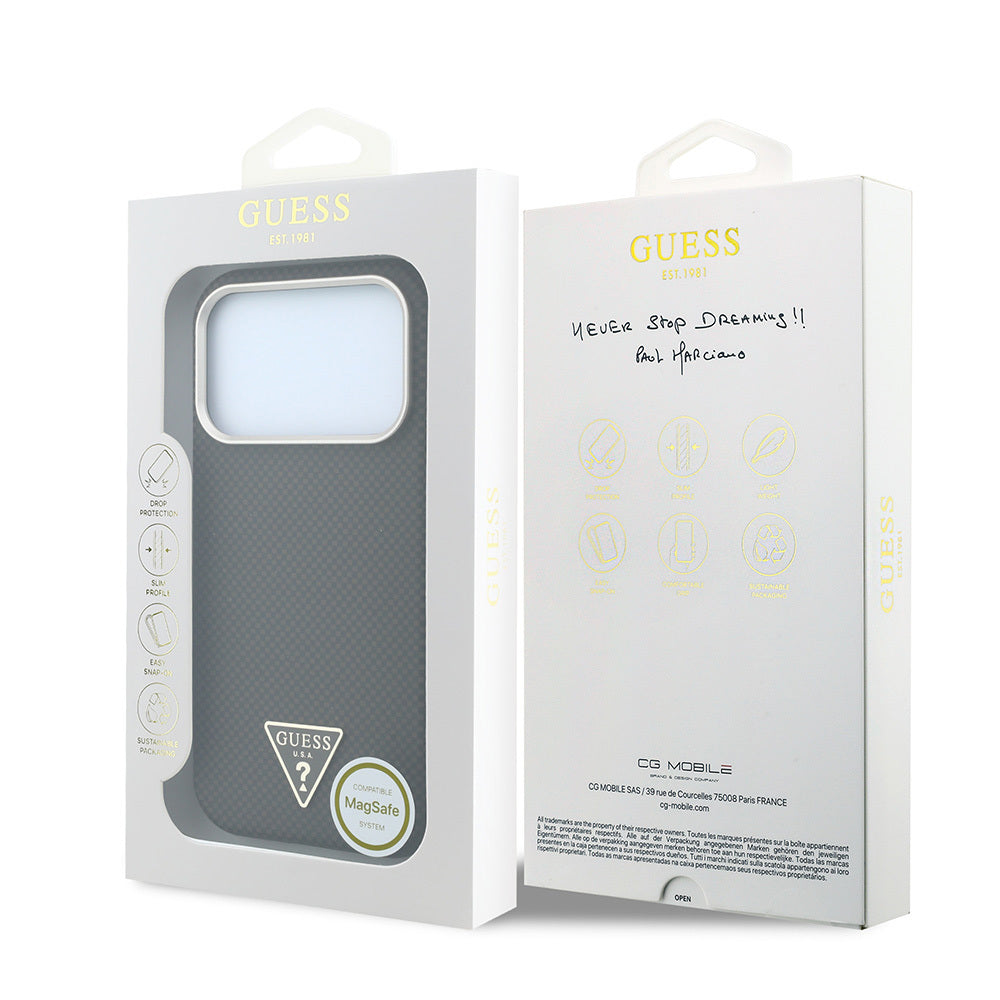 Apple iPhone 18 Pro Kılıf Guess Orjinal Lisanslı M-safe Şarj Özellikli PU Metal Üçgen Logolu Karbon Fiber Kevlar Kapak Kahverengi