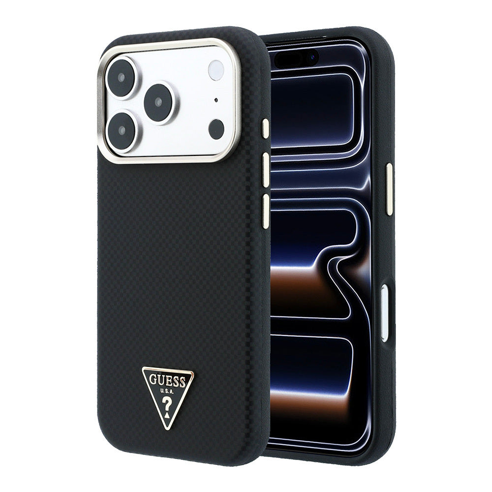 Apple iPhone 18 Pro Kılıf Guess Orjinal Lisanslı M-safe Şarj Özellikli PU Metal Üçgen Logolu Karbon Fiber Kevlar Kapak Siyah