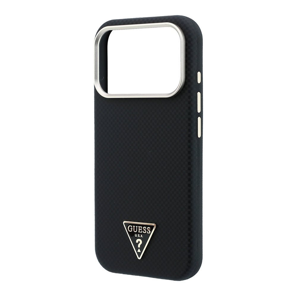 Apple iPhone 18 Pro Kılıf Guess Orjinal Lisanslı M-safe Şarj Özellikli PU Metal Üçgen Logolu Karbon Fiber Kevlar Kapak Siyah