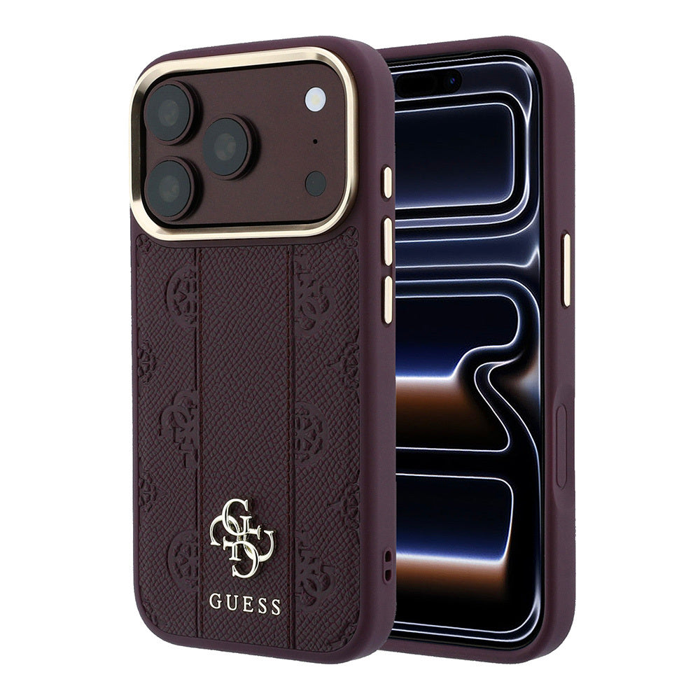 Apple iPhone 18 Pro Kılıf Guess Orjinal Lisanslı M-safe Şarj Özellikli Şeritli Peony 4G ve Yazı Logolu Kapak Bordo