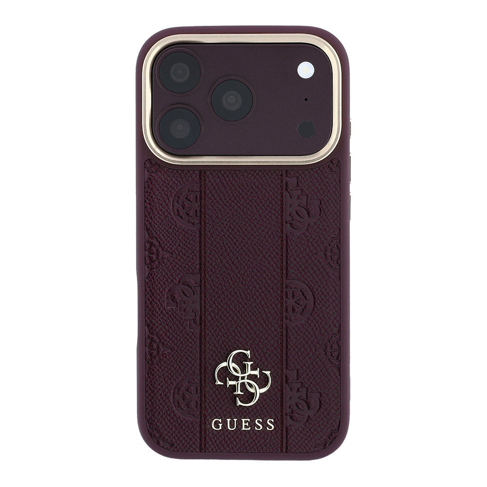 Apple iPhone 18 Pro Kılıf Guess Orjinal Lisanslı M-safe Şarj Özellikli Şeritli Peony 4G ve Yazı Logolu Kapak Bordo