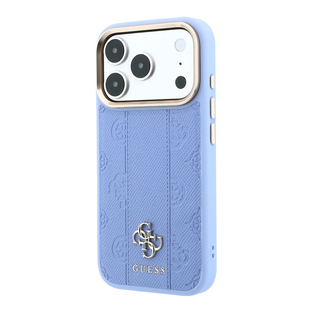 Apple iPhone 18 Pro Kılıf Guess Orjinal Lisanslı M-safe Şarj Özellikli Şeritli Peony 4G ve Yazı Logolu Kapak Açık Mavi