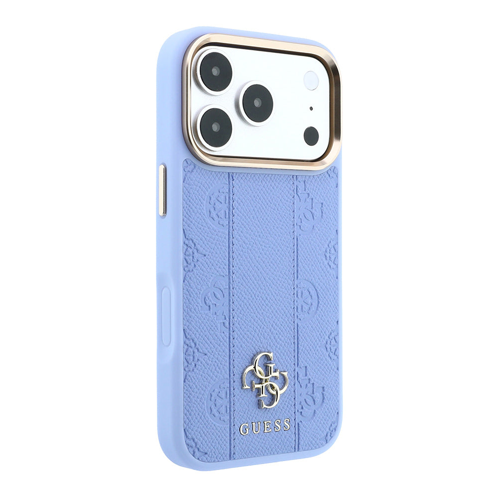 Apple iPhone 18 Pro Kılıf Guess Orjinal Lisanslı M-safe Şarj Özellikli Şeritli Peony 4G ve Yazı Logolu Kapak Açık Mavi