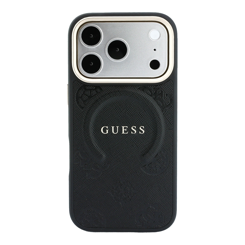 Apple iPhone 18 Pro Kılıf Guess Orjinal Lisanslı M-safe Şarj Özellikli Sıcak Baskılı Yazı Logolu C-Magnet PU Deri Peony Kapak Siyah