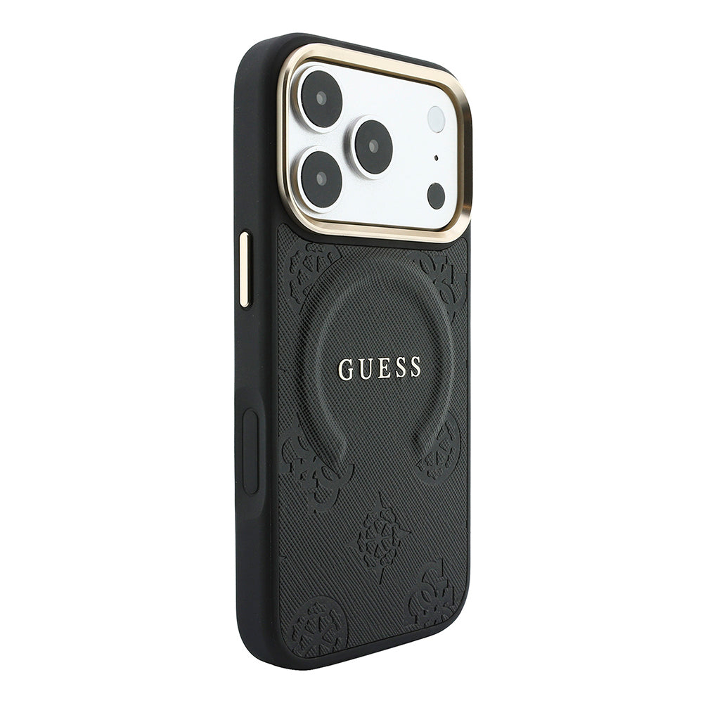 Apple iPhone 18 Pro Kılıf Guess Orjinal Lisanslı M-safe Şarj Özellikli Sıcak Baskılı Yazı Logolu C-Magnet PU Deri Peony Kapak Siyah