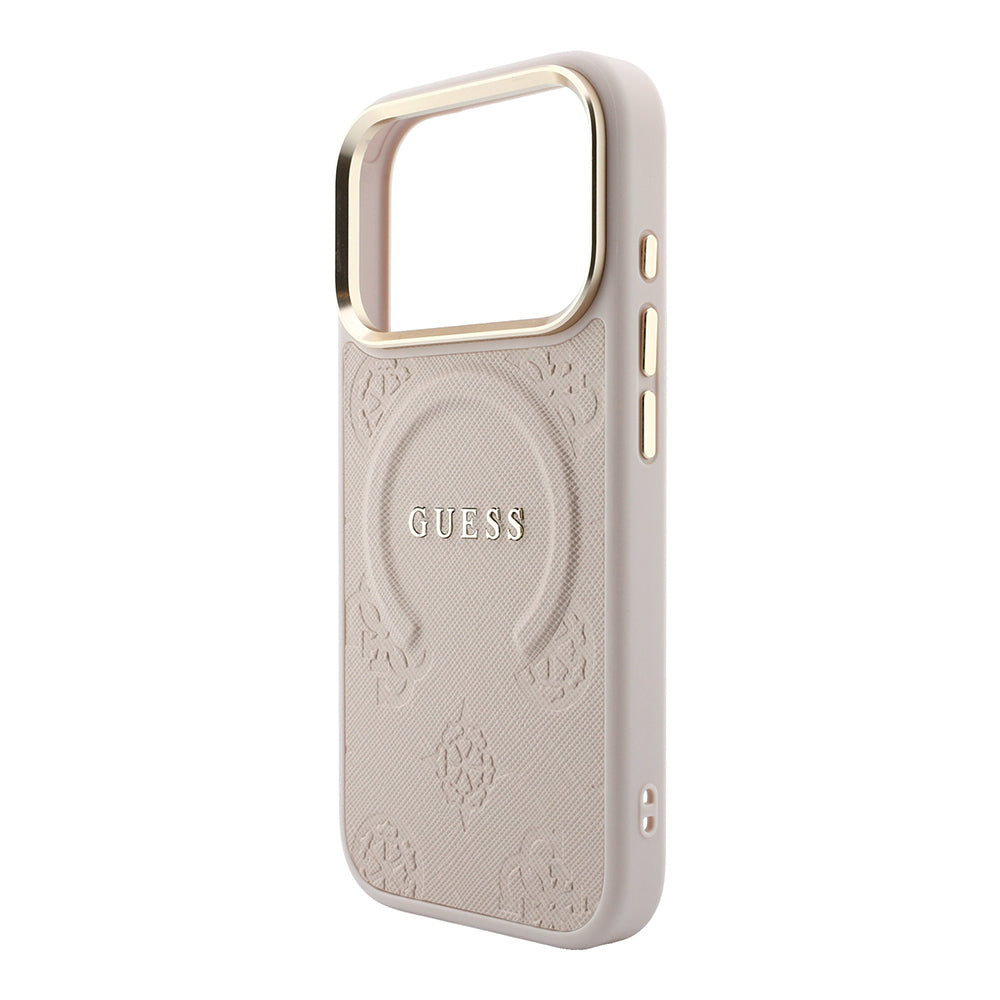 Apple iPhone 18 Pro Kılıf Guess Orjinal Lisanslı M-safe Şarj Özellikli Sıcak Baskılı Yazı Logolu C-Magnet PU Deri Peony Kapak Pembe