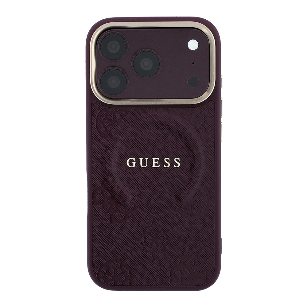 Apple iPhone 18 Pro Kılıf Guess Orjinal Lisanslı M-safe Şarj Özellikli Sıcak Baskılı Yazı Logolu C-Magnet PU Deri Peony Kapak Bordo