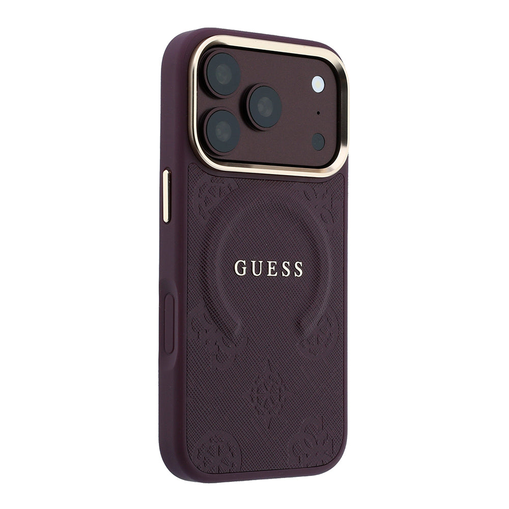 Apple iPhone 18 Pro Kılıf Guess Orjinal Lisanslı M-safe Şarj Özellikli Sıcak Baskılı Yazı Logolu C-Magnet PU Deri Peony Kapak Bordo