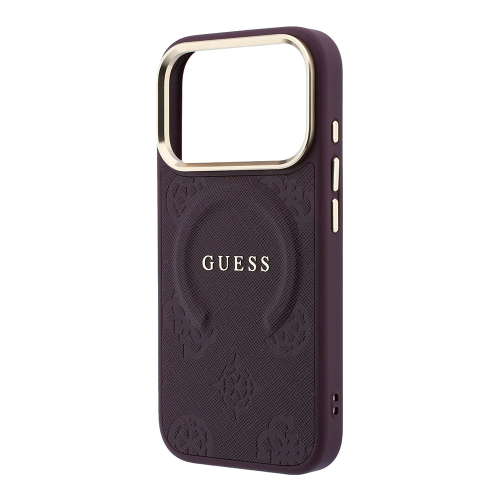 Apple iPhone 18 Pro Kılıf Guess Orjinal Lisanslı M-safe Şarj Özellikli Sıcak Baskılı Yazı Logolu C-Magnet PU Deri Peony Kapak Bordo
