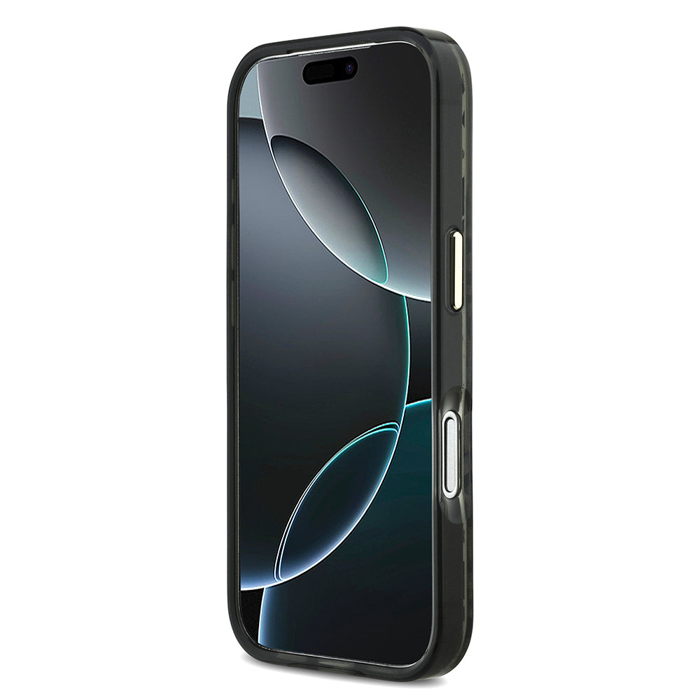 Apple iPhone 18 Pro Kılıf Guess Orjinal Lisanslı M-safe Şarj Özellikli Üçgen Logolu Simli Leopar Desenli Kapak Siyah