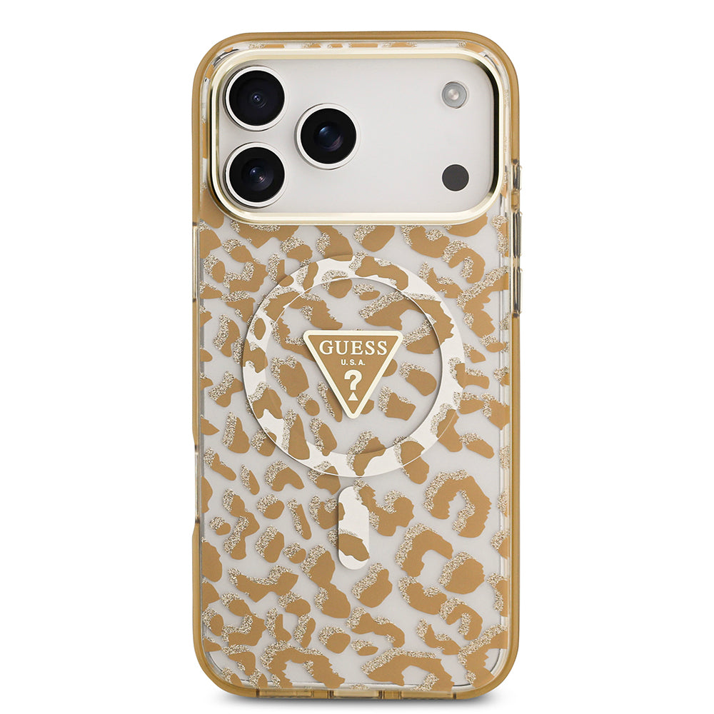 Apple iPhone 18 Pro Kılıf Guess Orjinal Lisanslı M-safe Şarj Özellikli Üçgen Logolu Simli Leopar Desenli Kapak Kahverengi