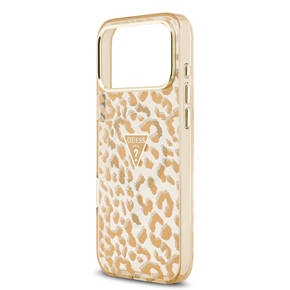 Apple iPhone 18 Pro Kılıf Guess Orjinal Lisanslı M-safe Şarj Özellikli Üçgen Logolu Simli Leopar Desenli Kapak Kahverengi