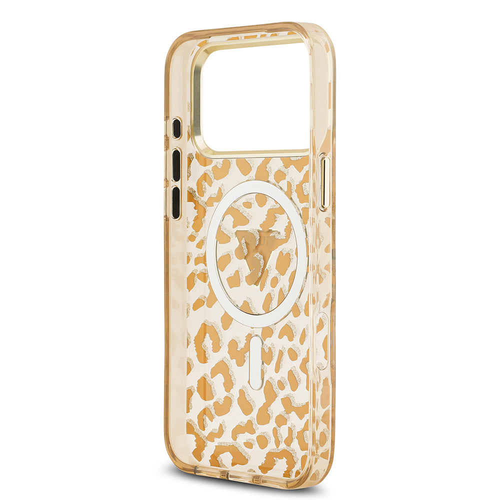 Apple iPhone 18 Pro Kılıf Guess Orjinal Lisanslı M-safe Şarj Özellikli Üçgen Logolu Simli Leopar Desenli Kapak Kahverengi