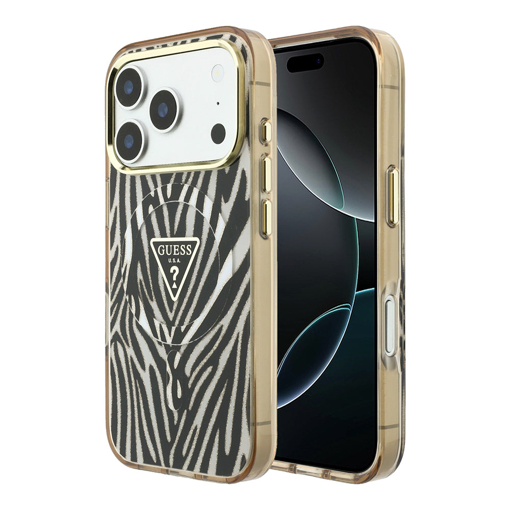 Apple iPhone 18 Pro Kılıf Guess Orjinal Lisanslı M-safe Şarj Özellikli Üçgen Logolu Zebra Desenli Silikon Kapak Gold