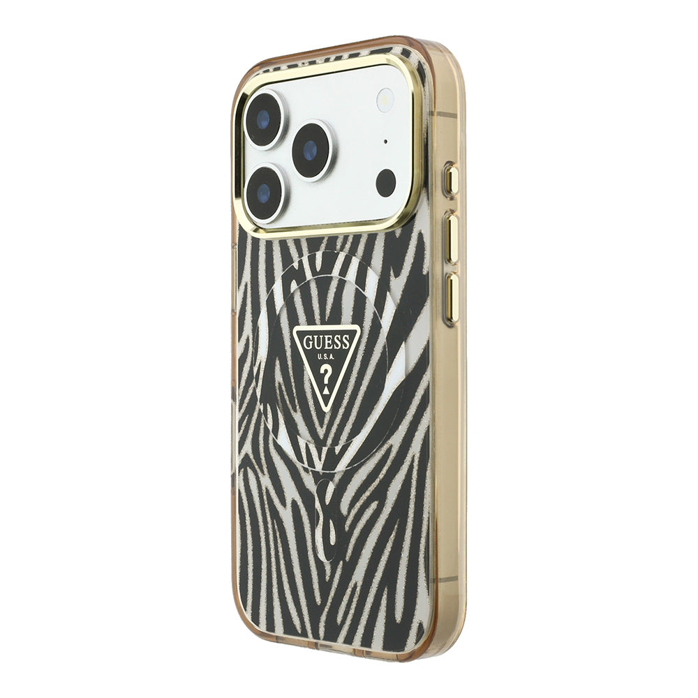 Apple iPhone 18 Pro Kılıf Guess Orjinal Lisanslı M-safe Şarj Özellikli Üçgen Logolu Zebra Desenli Silikon Kapak Gold