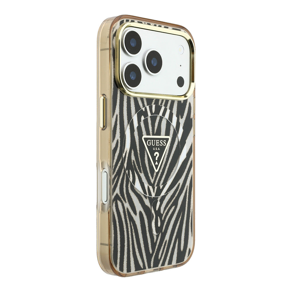 Apple iPhone 18 Pro Kılıf Guess Orjinal Lisanslı M-safe Şarj Özellikli Üçgen Logolu Zebra Desenli Silikon Kapak Gold