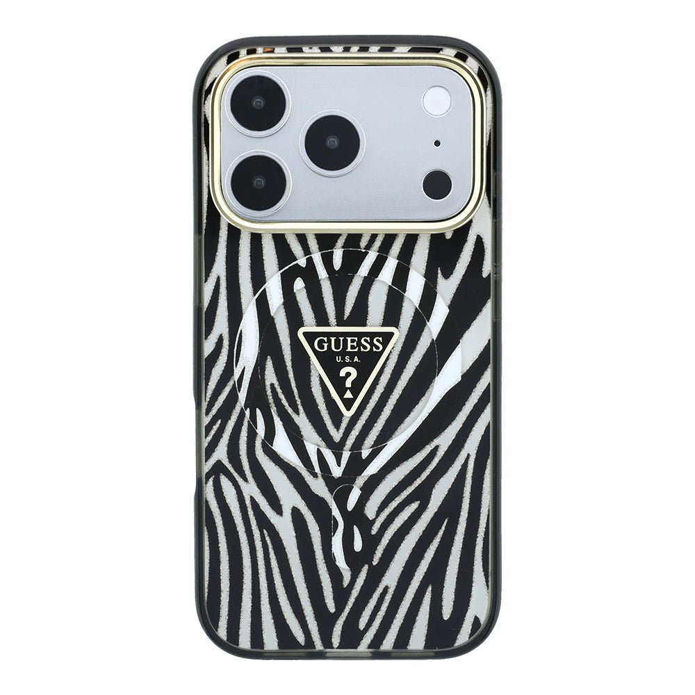 Apple iPhone 18 Pro Kılıf Guess Orjinal Lisanslı M-safe Şarj Özellikli Üçgen Logolu Zebra Desenli Silikon Kapak Gümüş