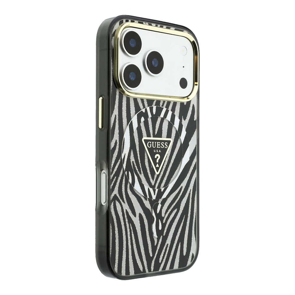Apple iPhone 18 Pro Kılıf Guess Orjinal Lisanslı M-safe Şarj Özellikli Üçgen Logolu Zebra Desenli Silikon Kapak Gümüş