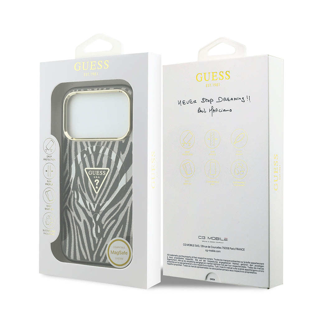 Apple iPhone 18 Pro Kılıf Guess Orjinal Lisanslı M-safe Şarj Özellikli Üçgen Logolu Zebra Desenli Silikon Kapak Gümüş