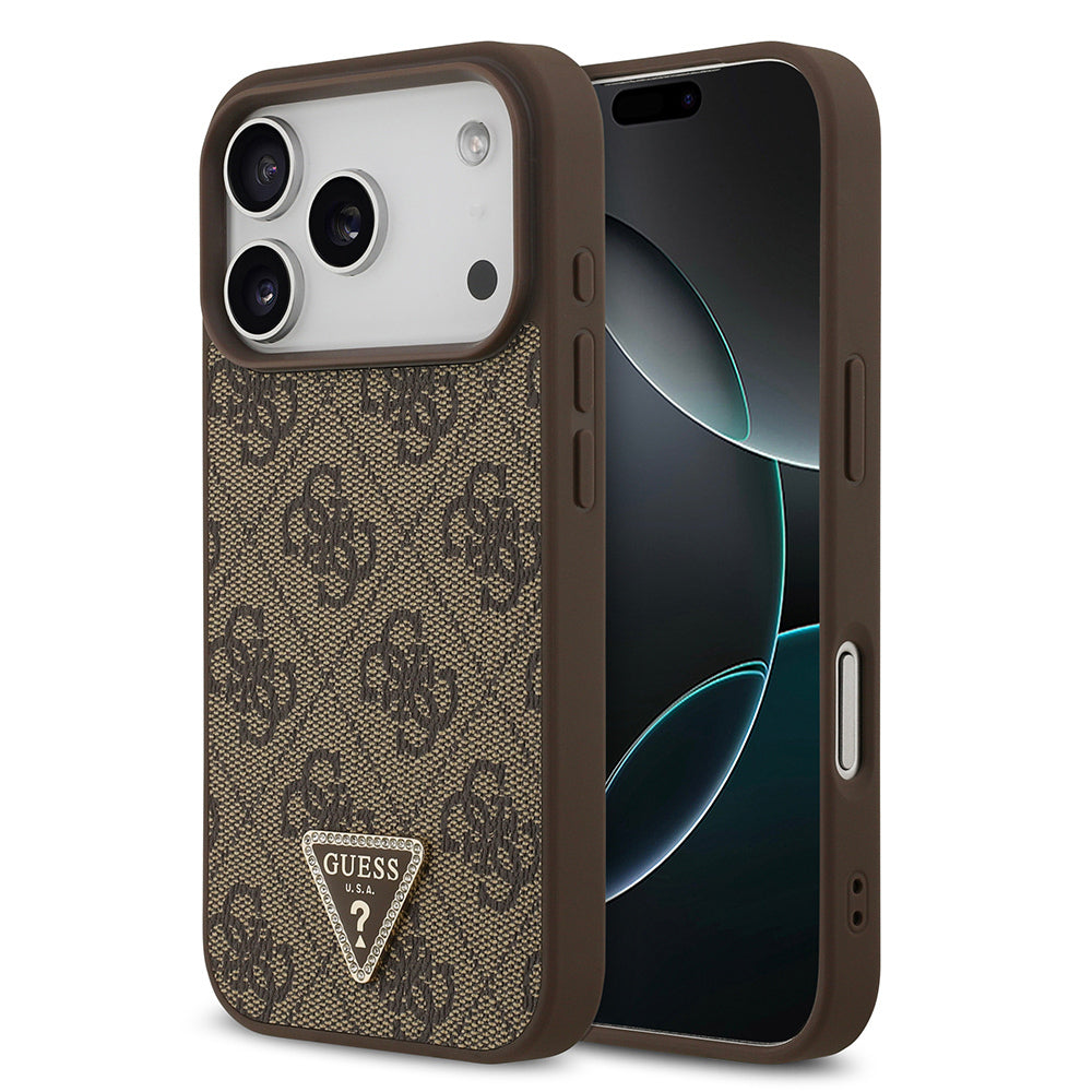 Apple iPhone 18 Pro Kılıf Guess Orjinal Lisanslı M-safe Şarj Özllikli PU Deri Taşlı Üçgen Logo 4G Desenli Strass Kapak Kahverengi