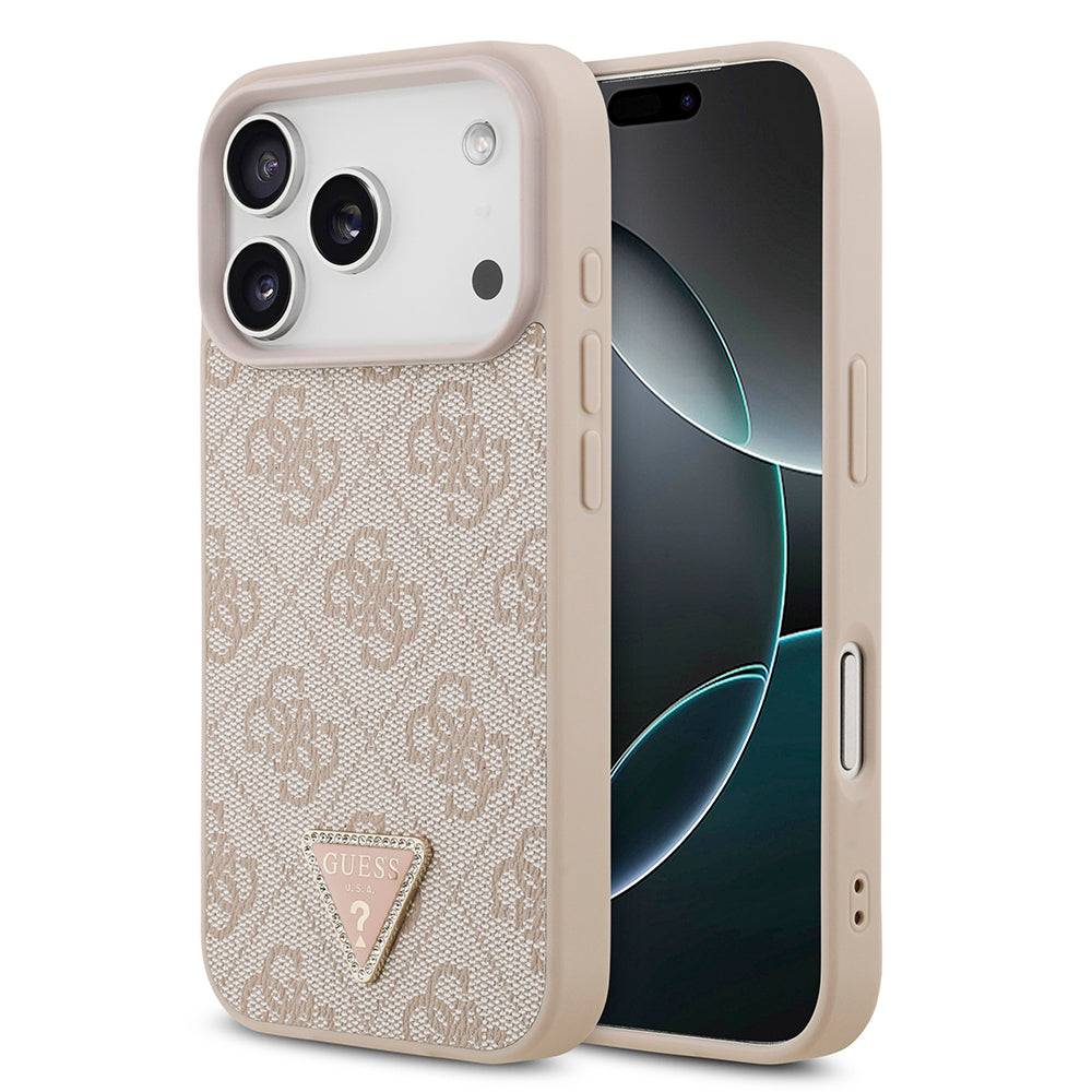 Apple iPhone 18 Pro Kılıf Guess Orjinal Lisanslı M-safe Şarj Özllikli PU Deri Taşlı Üçgen Logo 4G Desenli Strass Kapak Pembe