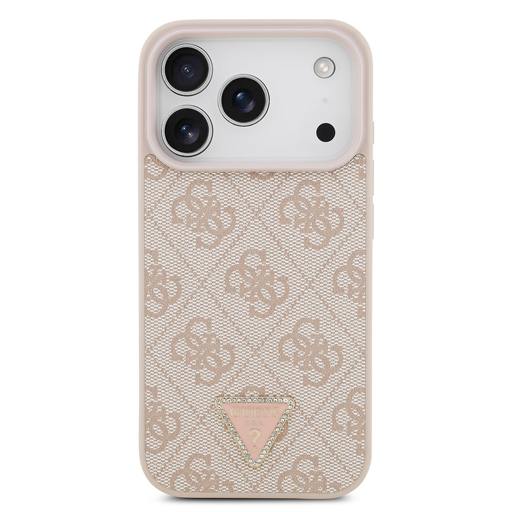 Apple iPhone 18 Pro Kılıf Guess Orjinal Lisanslı M-safe Şarj Özllikli PU Deri Taşlı Üçgen Logo 4G Desenli Strass Kapak Pembe