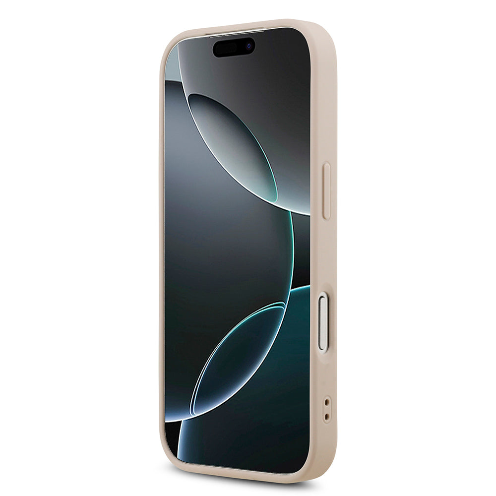 Apple iPhone 18 Pro Kılıf Guess Orjinal Lisanslı M-safe Şarj Özllikli PU Deri Taşlı Üçgen Logo 4G Desenli Strass Kapak Pembe