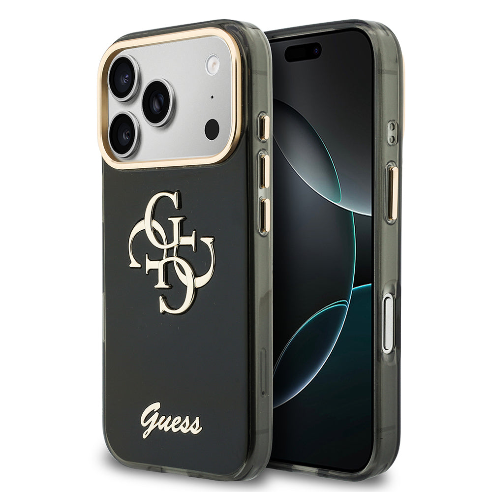 Apple iPhone 18 Pro Kılıf Guess Orjinal Lisanslı Yazı ve 4G Büyük Metal Logolu Silikon Kapak Siyah