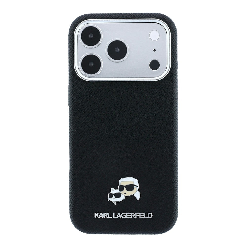 Apple iPhone 18 Pro Kılıf Karl Lagerfeld Orjinal Lisanslı M-Safe Şarj Özellikli K&C Heads Metal Logolu PU Kapak Siyah