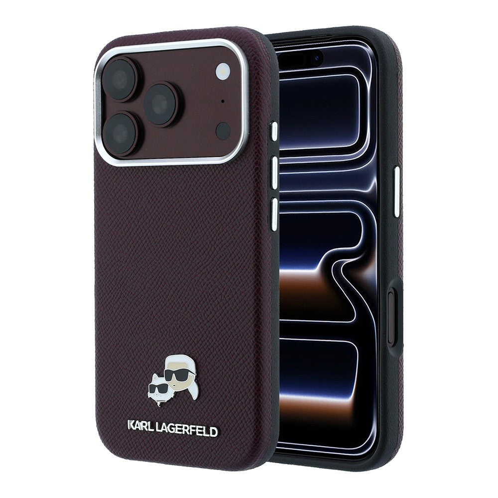 Apple iPhone 18 Pro Kılıf Karl Lagerfeld Orjinal Lisanslı M-Safe Şarj Özellikli K&C Heads Metal Logolu PU Kapak Bordo