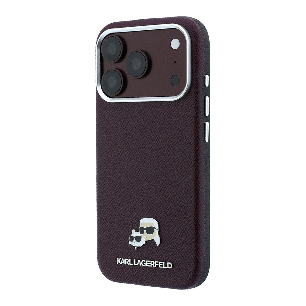 Apple iPhone 18 Pro Kılıf Karl Lagerfeld Orjinal Lisanslı M-Safe Şarj Özellikli K&C Heads Metal Logolu PU Kapak Bordo