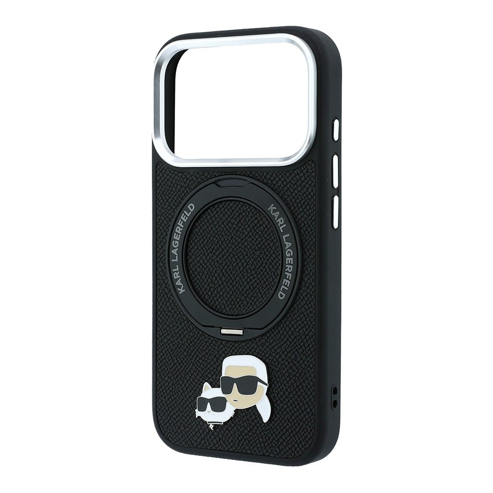 Apple iPhone 18 Pro Kılıf Karl Lagerfeld Orjinal Lisanslı M-Safe Şarj Özellikli K&C Heads Pin Metal Logolu PU 360 Derece Dönebilen Standlı Kapak Siyah