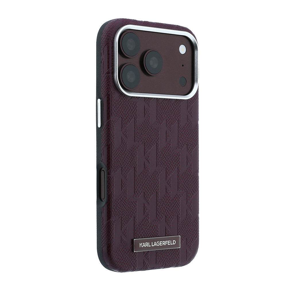 Apple iPhone 18 Pro Kılıf Karl Lagerfeld Orjinal Lisanslı M-safe Şarj Özellikli KL Yazılı Hot Stamp Kapak Bordo