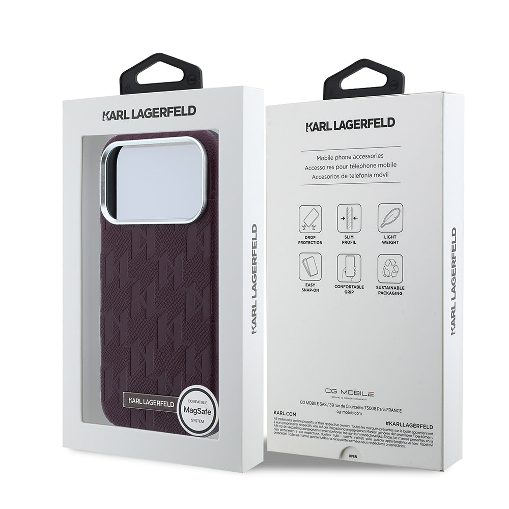 Apple iPhone 18 Pro Kılıf Karl Lagerfeld Orjinal Lisanslı M-safe Şarj Özellikli KL Yazılı Hot Stamp Kapak Bordo