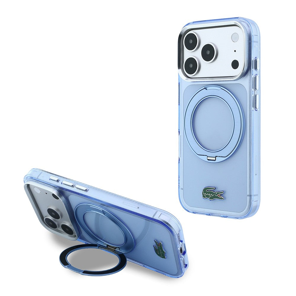 Apple iPhone 18 Pro Kılıf Lacoste Orjinal Lisanslı M-safe Şarj Özellikli 360 Derece Dönebilen Standlı İkonik Timsah Logolu Kapak Açık Mavi