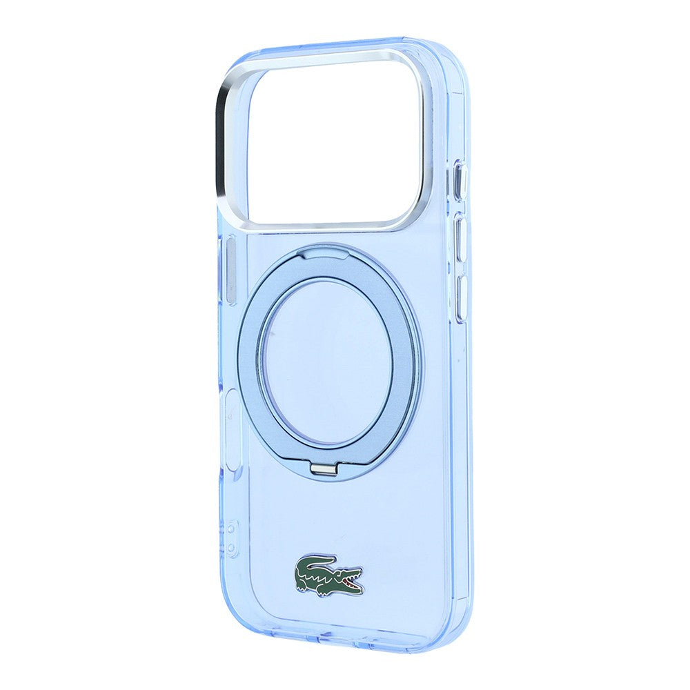 Apple iPhone 18 Pro Kılıf Lacoste Orjinal Lisanslı M-safe Şarj Özellikli 360 Derece Dönebilen Standlı İkonik Timsah Logolu Kapak Açık Mavi