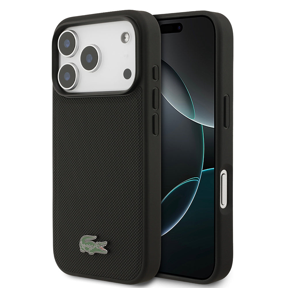 Apple iPhone 18 Pro Kılıf Lacoste Orjinal Lisanslı M-safe Şarj Özellikli PU Pike Desenli Metal Logolu Kapak Siyah