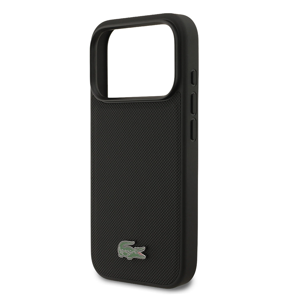 Apple iPhone 18 Pro Kılıf Lacoste Orjinal Lisanslı M-safe Şarj Özellikli PU Pike Desenli Metal Logolu Kapak Siyah