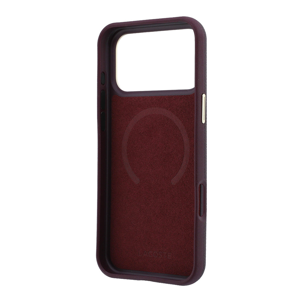 Apple iPhone 18 Pro Kılıf Lacoste Orjinal Lisanslı M-Safe Şarj Özellikli PVC Yarı Pike Desenli Arka Yüzey İkonik Timsah Dokuma Logolu Kapak Bordo