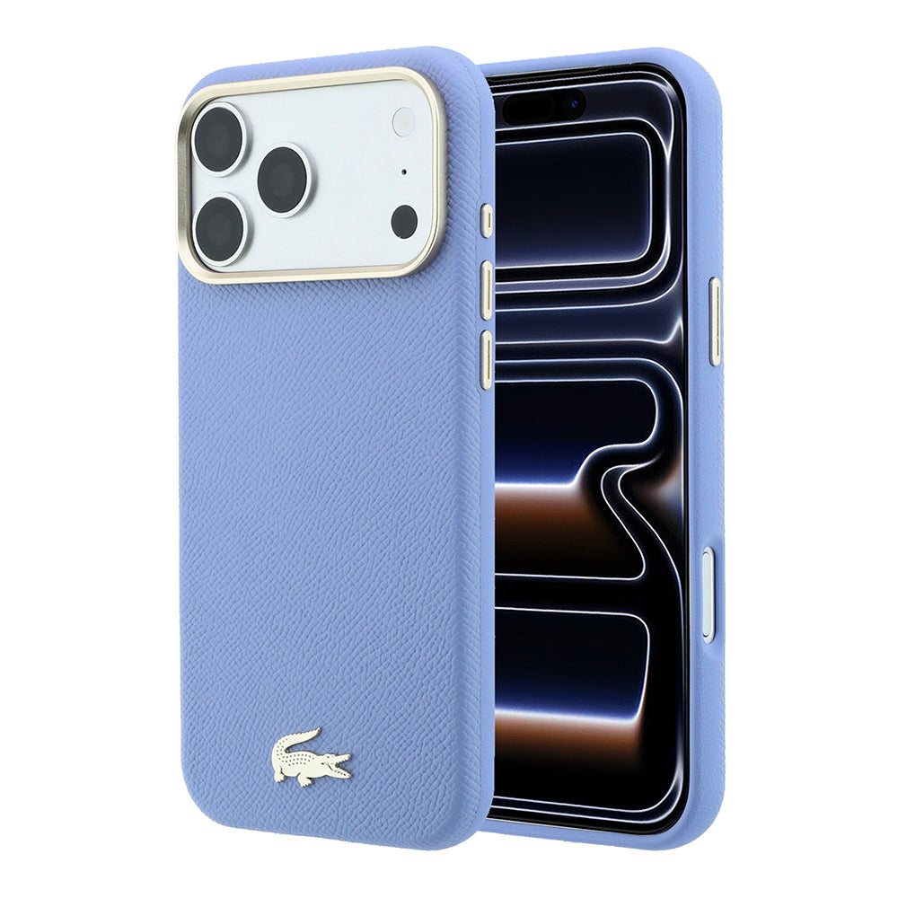 Apple iPhone 18 Pro Kılıf Lacoste Orjinal Lisanslı M-Safe Şarj Özellikli PVC Yarı Pike Desenli Arka Yüzey İkonik Timsah Dokuma Logolu Kapak Açık Mavi