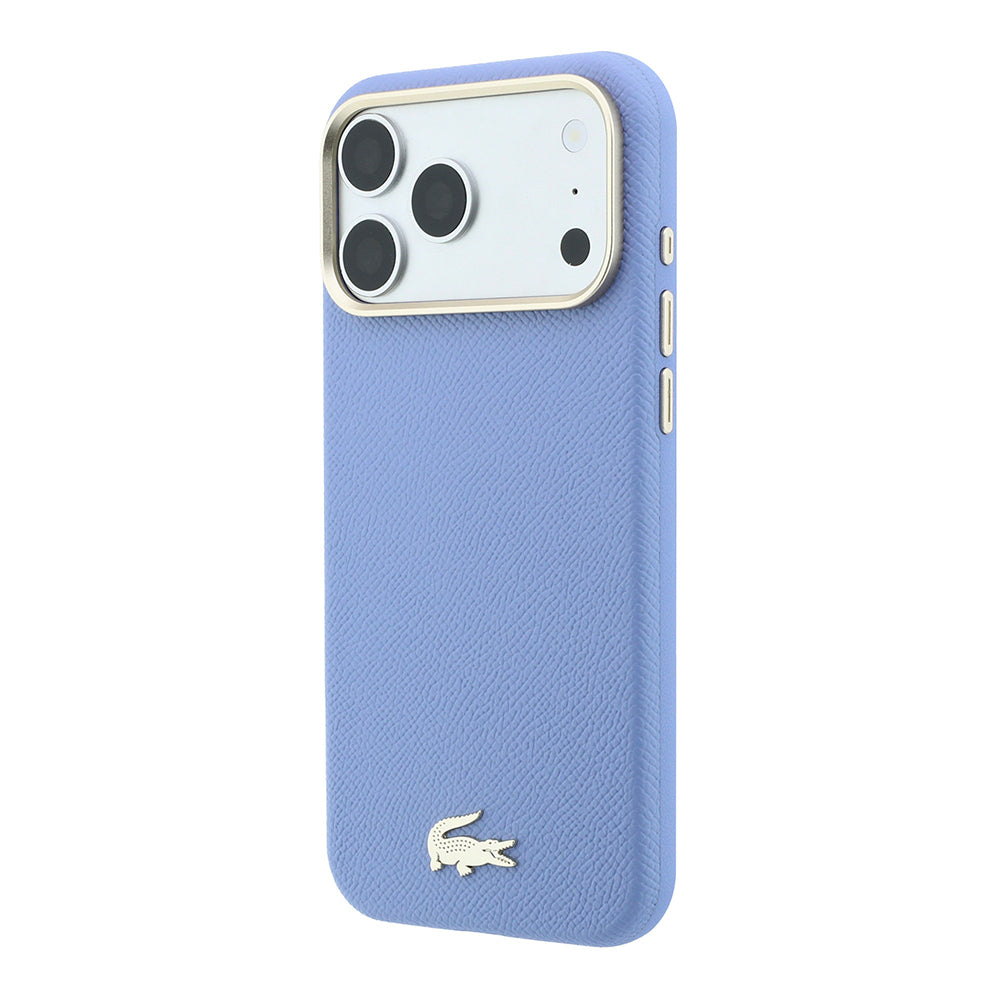 Apple iPhone 18 Pro Kılıf Lacoste Orjinal Lisanslı M-Safe Şarj Özellikli PVC Yarı Pike Desenli Arka Yüzey İkonik Timsah Dokuma Logolu Kapak Açık Mavi