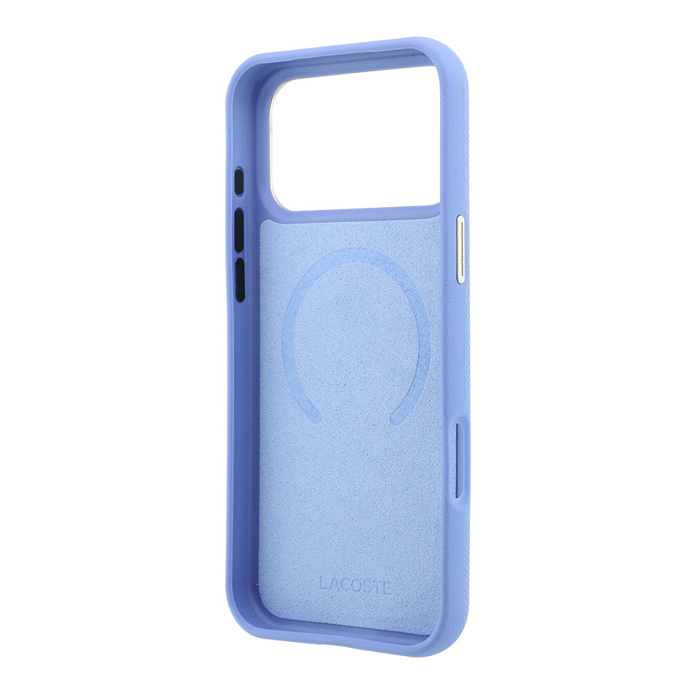 Apple iPhone 18 Pro Kılıf Lacoste Orjinal Lisanslı M-Safe Şarj Özellikli PVC Yarı Pike Desenli Arka Yüzey İkonik Timsah Dokuma Logolu Kapak Açık Mavi
