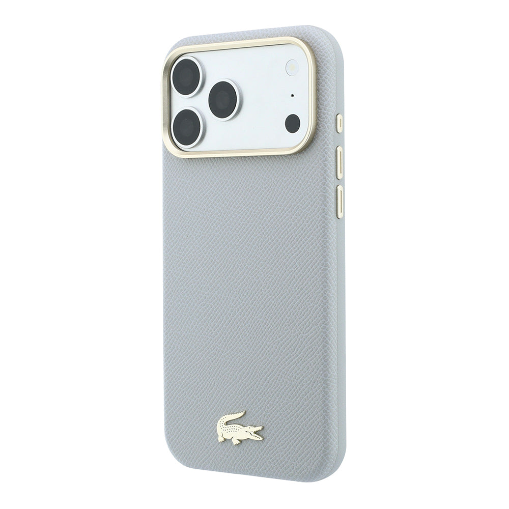 Apple iPhone 18 Pro Kılıf Lacoste Orjinal Lisanslı M-Safe Şarj Özellikli PVC Yarı Pike Desenli Arka Yüzey İkonik Timsah Dokuma Logolu Kapak Açık Gri